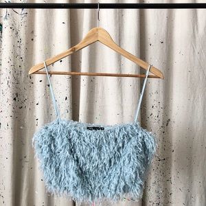 Baby blue feather fringe crop top.